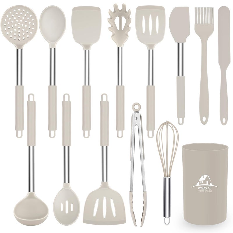 MIBOTE Silicone Kitchen Cooking Utensil Set, Silicone Kitchen Spatula Utensils Set with Stainless Steel Handle,Non-stick Heat Resistant - Best Kitchen Cookware Set-(Khaki) - Image 1